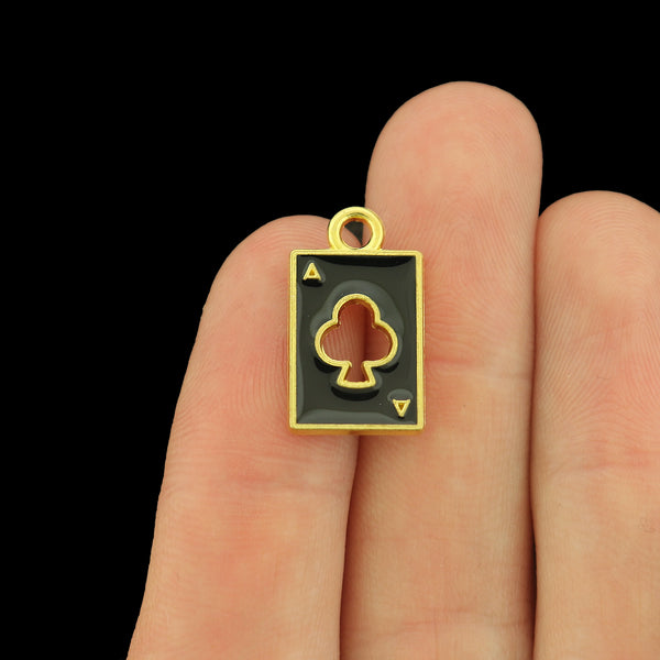 6 Ace of Clubs Playing Card Gold Tone Enamel Charms - E136