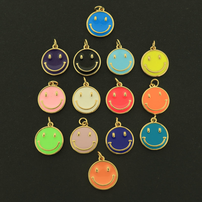 18k Smile Charm - Smiley Face Pendant - Choose Your Color - 18k Gold Plated