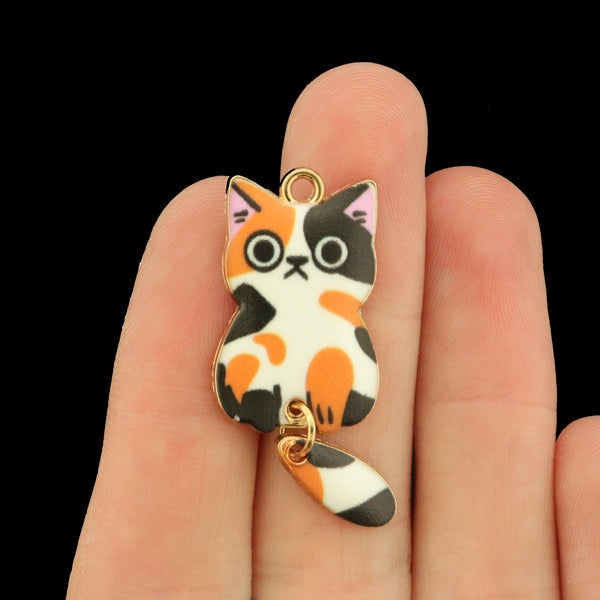 4 Cat Gold Tone Enamel Charms with Dangling Tail - Choose from 7 Colors!
