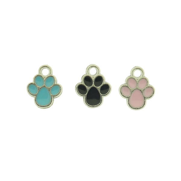 6 Dog Paw Silver Tone Enamel Charms - Choose Your Color