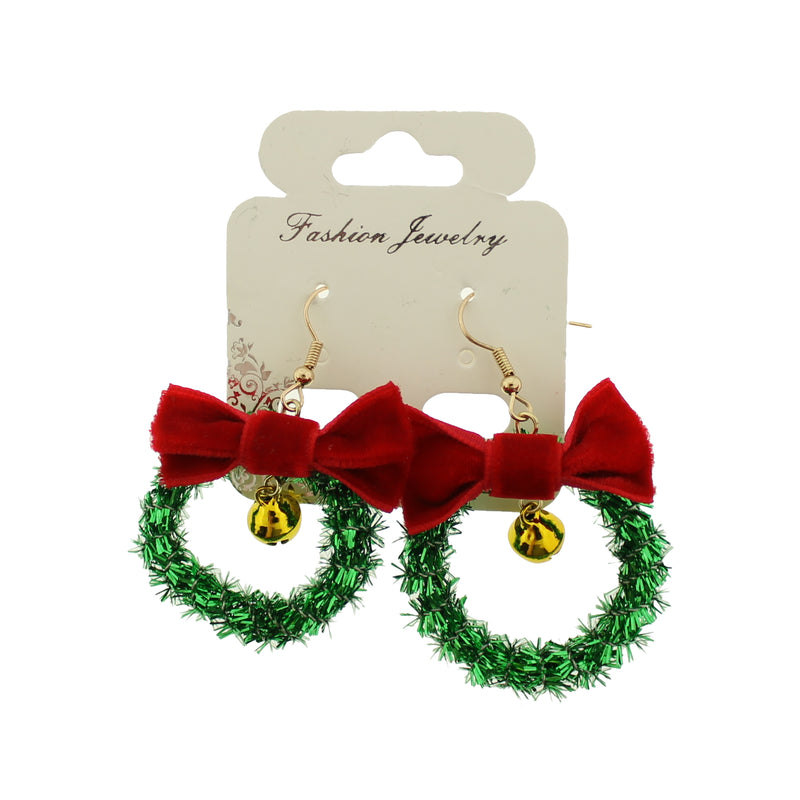 2 Christmas Wreath with Bell Earrings - French Hook Style - 1 Pair - Choose Your Tone