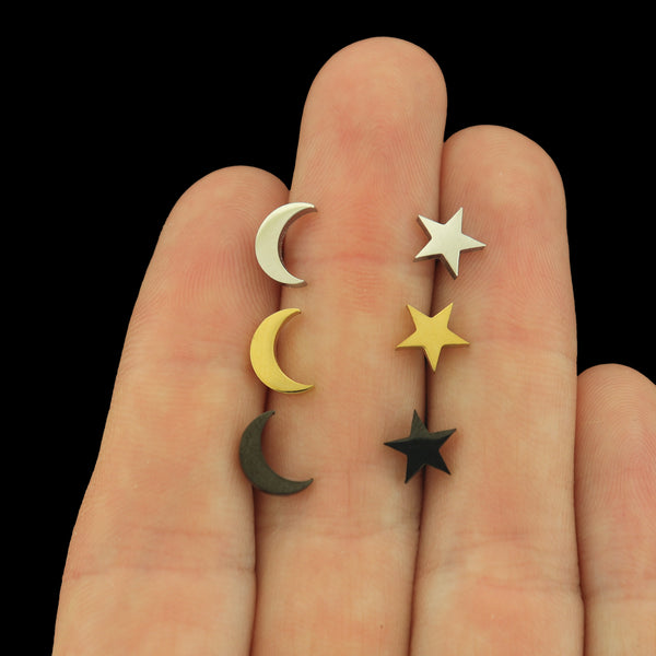 Stainless Steel Earrings - Moon and Star Studs - 7mm x 6mm and 8mm x 5mm - 2 Pieces 1 Pair - Choose Your Tone