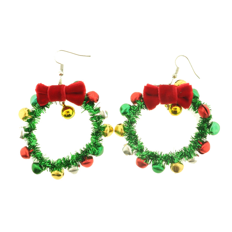 Christmas Wreath with Bell Earrings and Bow - French Hook - 1 Pair - ER1093