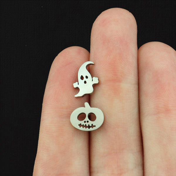 Stainless Steel Earrings - Ghost and Pumpkin Studs - 10mm x 8mm - 2 Pieces 1 Pair - Choose Your Tone