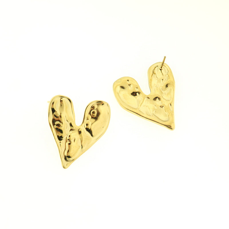 Stainless Steel Earrings - Hammered Heart Studs - 26mm x 23mm - 2 Pieces 1 Pair - Choose Your Tone