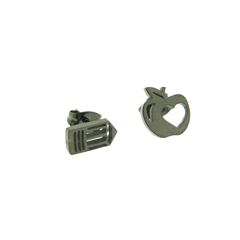 Teacher Earrings - Apple and Pencil Studs - 1 Pair - Choose Silver, Black, or Gold!