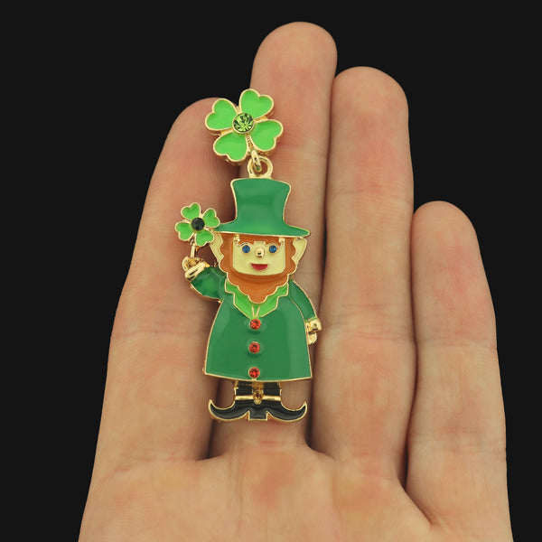 Enamel St. Patricks Day Leprechaun Dangle Earrings - Gold Tone Stud Style - 2 Pieces 1 Pair - ER708