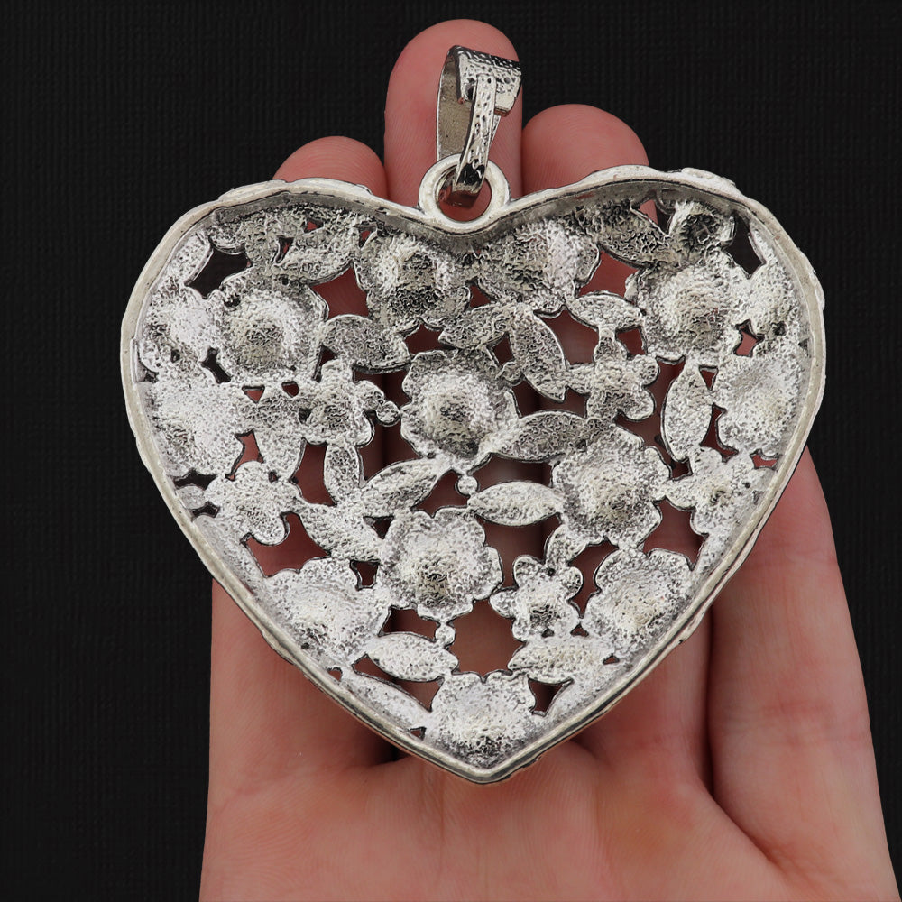 Floral Heart Antique Silver Tone Charm - SC656