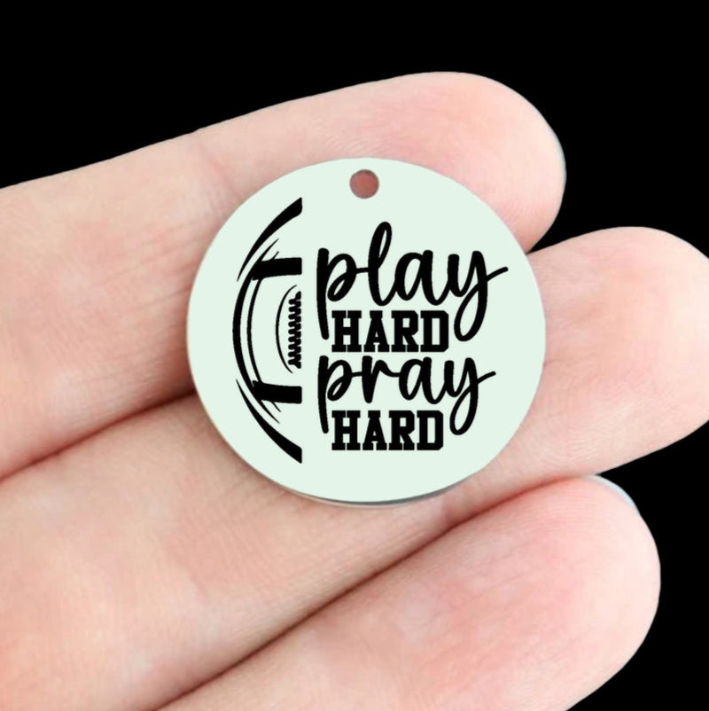 Football Stainless Steel 25mm Round Charms - Play Hard Pray Hard