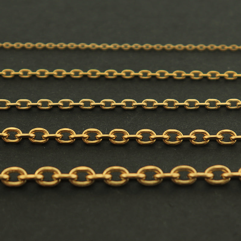 18k Gold Cable Chain - Bulk Chain - 1 Foot - 18k Gold Plated - Choose Your Thickness