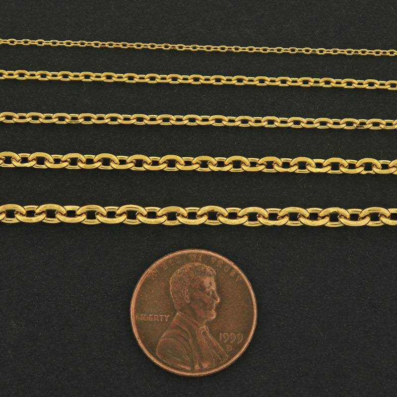 18k Gold Cable Chain - Bulk Chain - 1 Foot - 18k Gold Plated - Choose Your Thickness