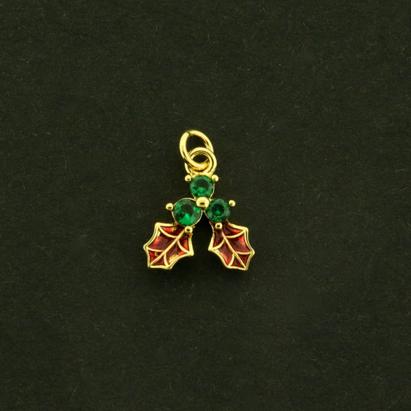 18k Mistletoe Charms - Christmas Pendant - 18k Plated Brass with Enamel - GLD1093