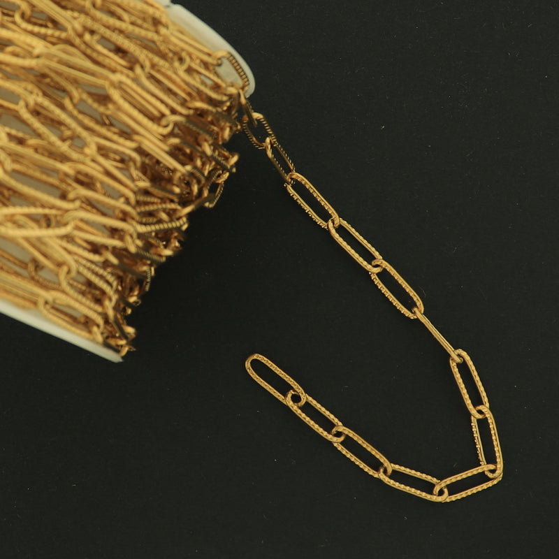 18k Gold Paperclip Chain - Textured - Per Foot - 18k Gold Plated Stainless - GLD001
