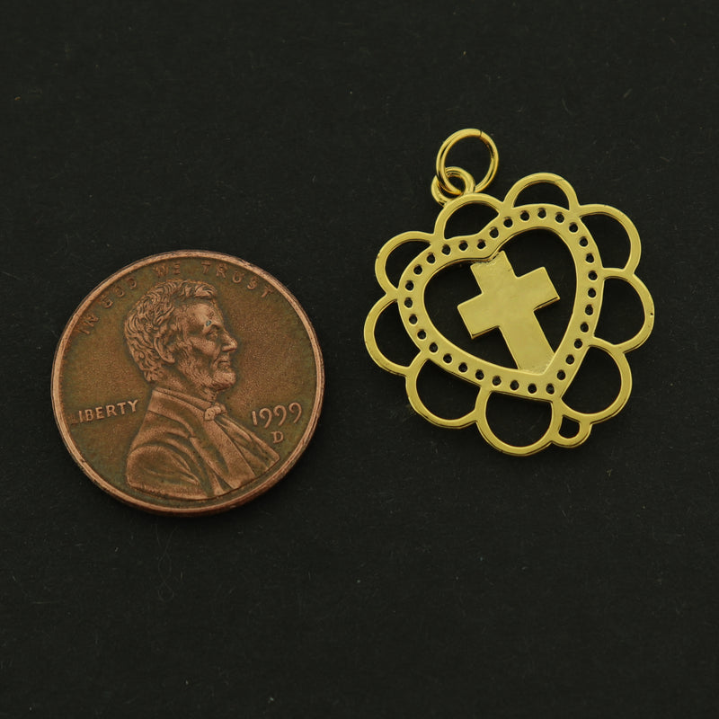 14k Heart Charm - Religious Pendant - 14k Gold Plated - GLD589