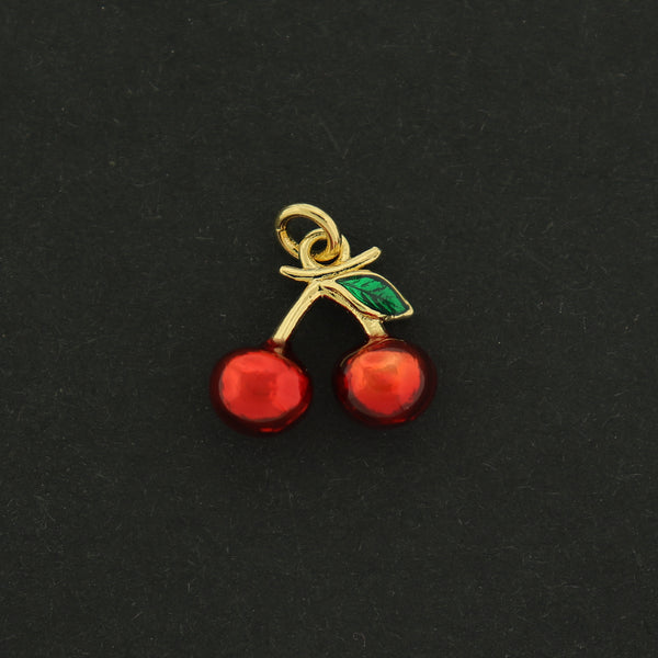 14k Cherry Charm - Cherries Pendant - 14k Gold Plated with Enamel Details - GLD604