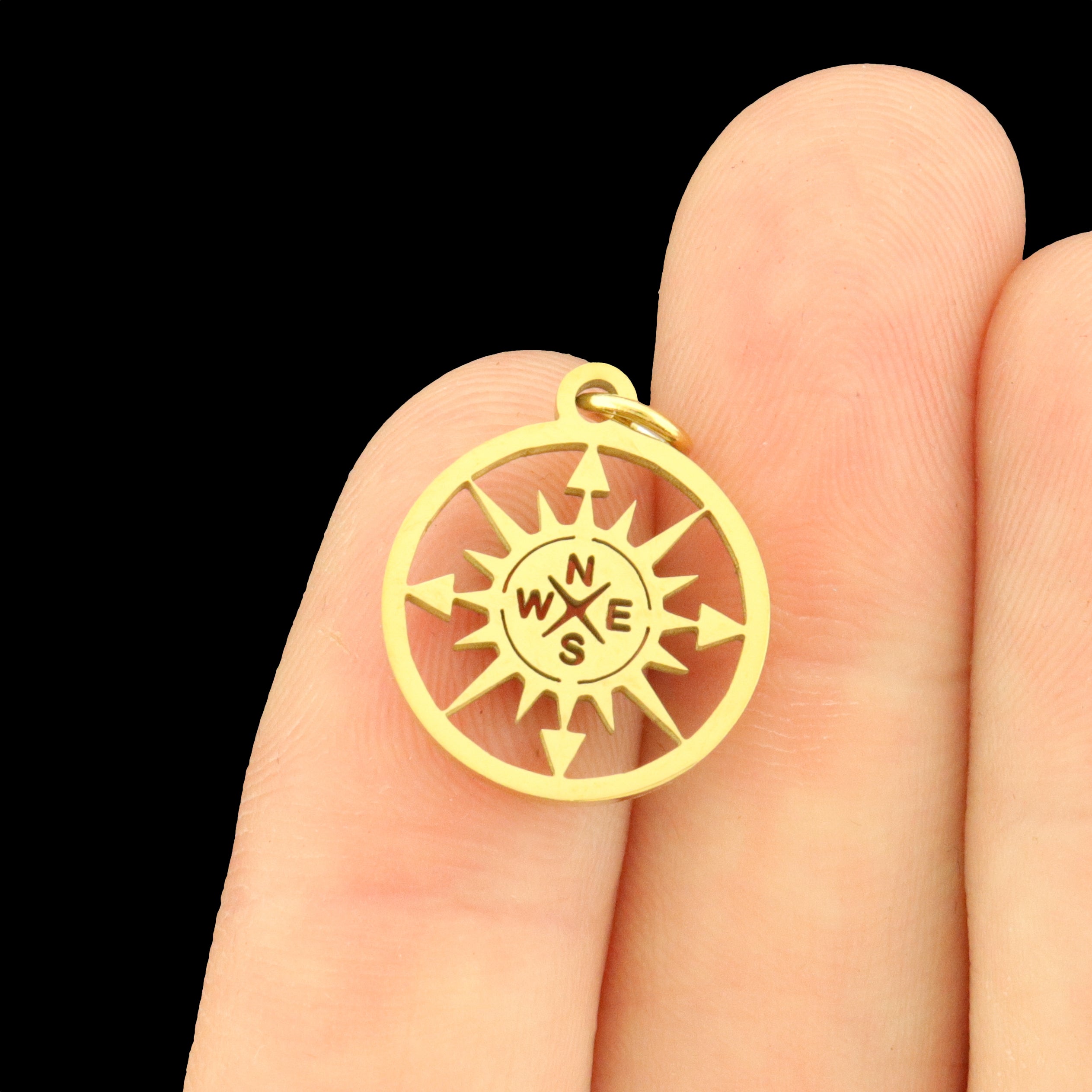 Gold Compass Stainless Steel Charms with Attached Jump Ring - SSP545
