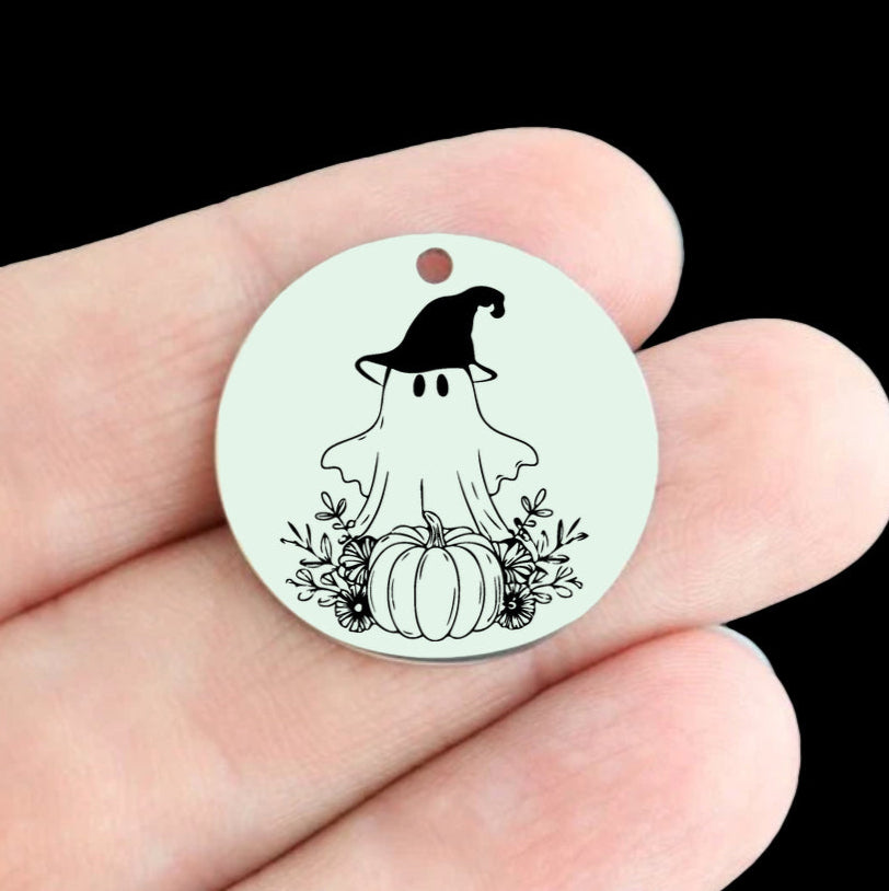 Halloween Stainless Steel 25mm Round Charms - Ghost at Pumpkin Patch