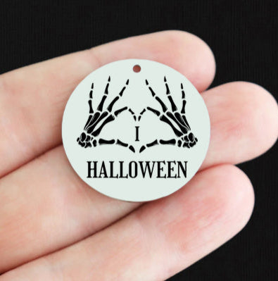 Halloween Stainless Steel 30mm Round Charms - I Love Halloween with Skeleton Hands