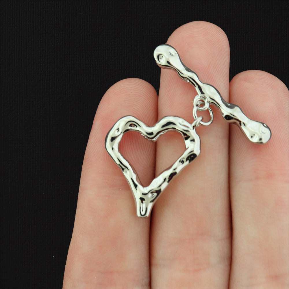 Hammered Heart Toggle Clasp Antique Silver Tone - 2 Pieces 1 Set - SC279
