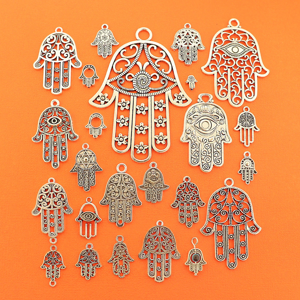 Hamsa Hand Collection Antique Silver Tone 24 Different Charms - COL443H