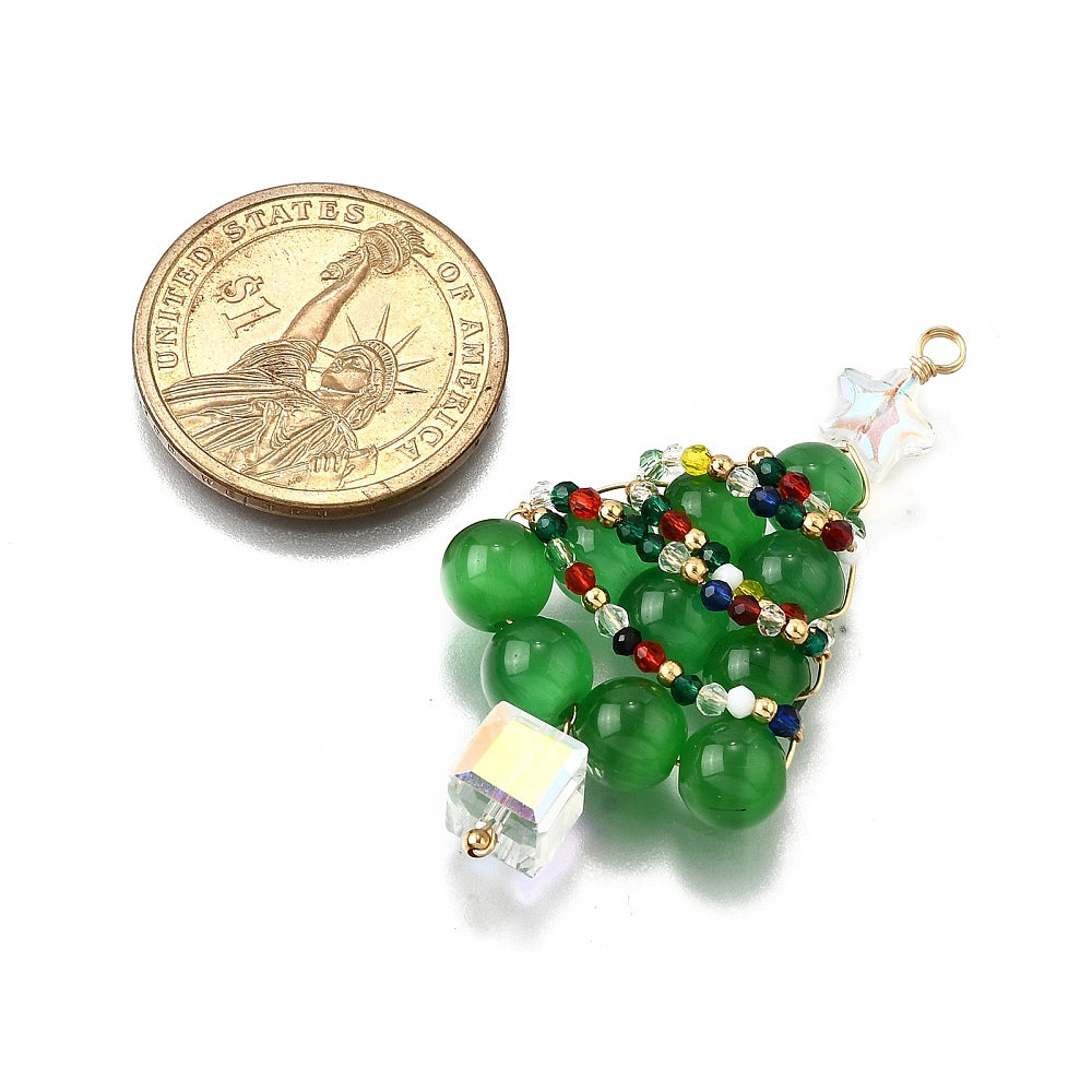 Handmade Cats Eye Christmas Tree Beaded Drop Pendants - Super Detailed!