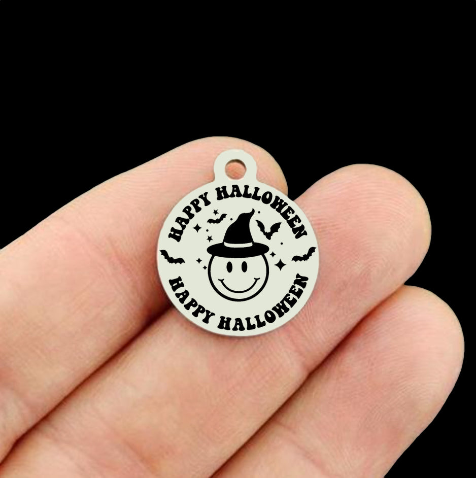 Happy Halloween Stainless Steel Charms - Smiley Face with Witch Hat