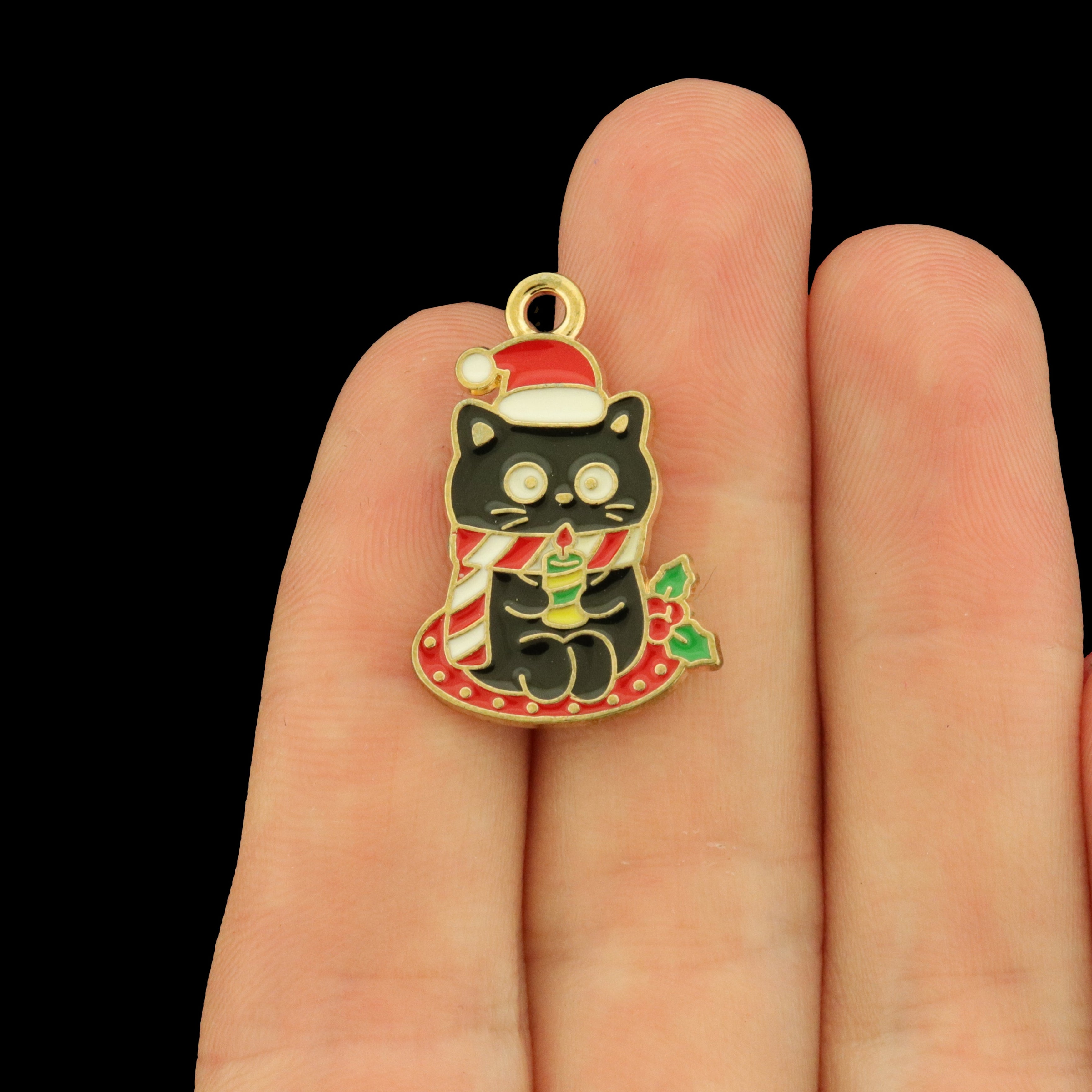 4 Christmas Cat Holding a Candle Gold Tone Enamel Charms - E833