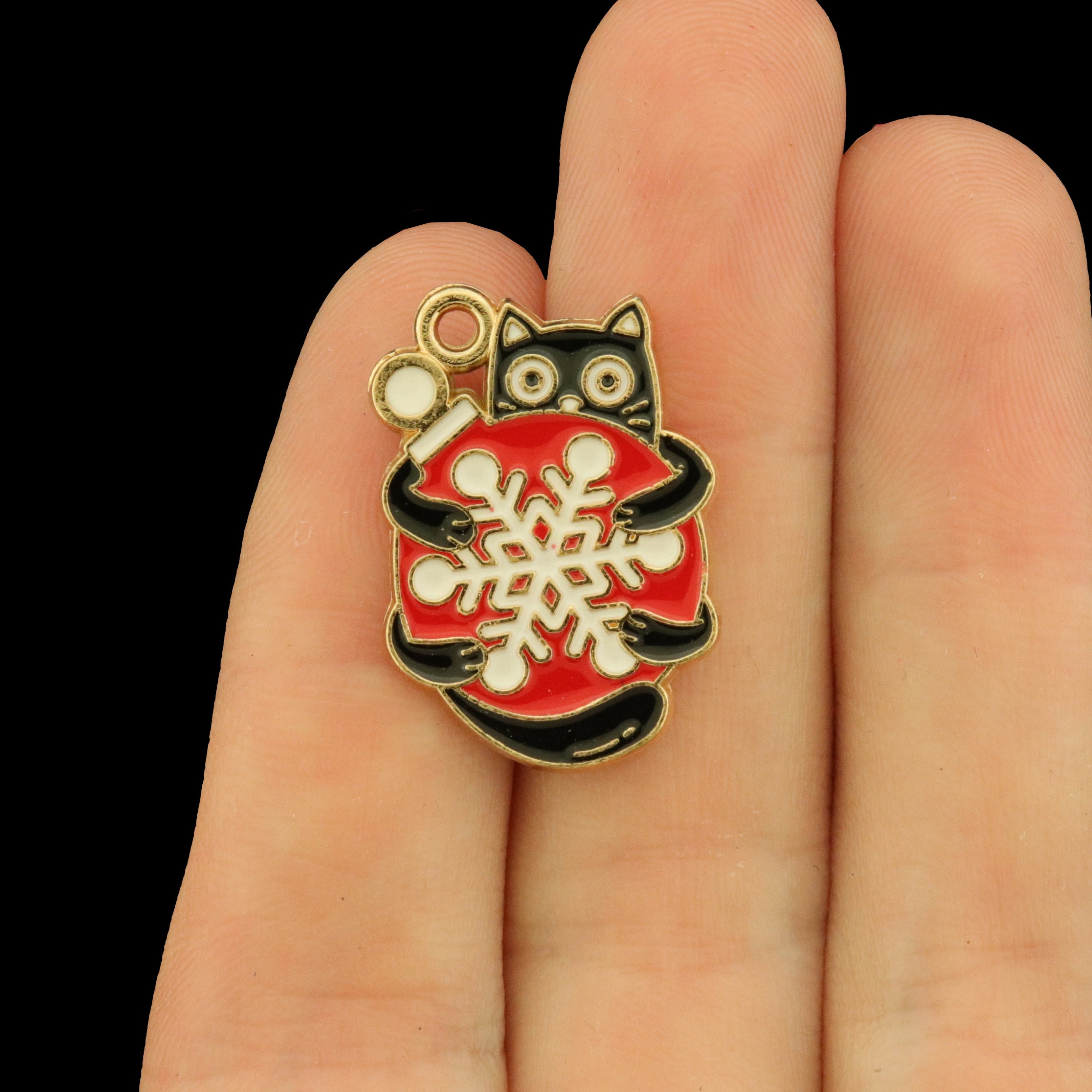 4 Christmas Cat Holding an Ornament Gold Tone Enamel Charms - E1183