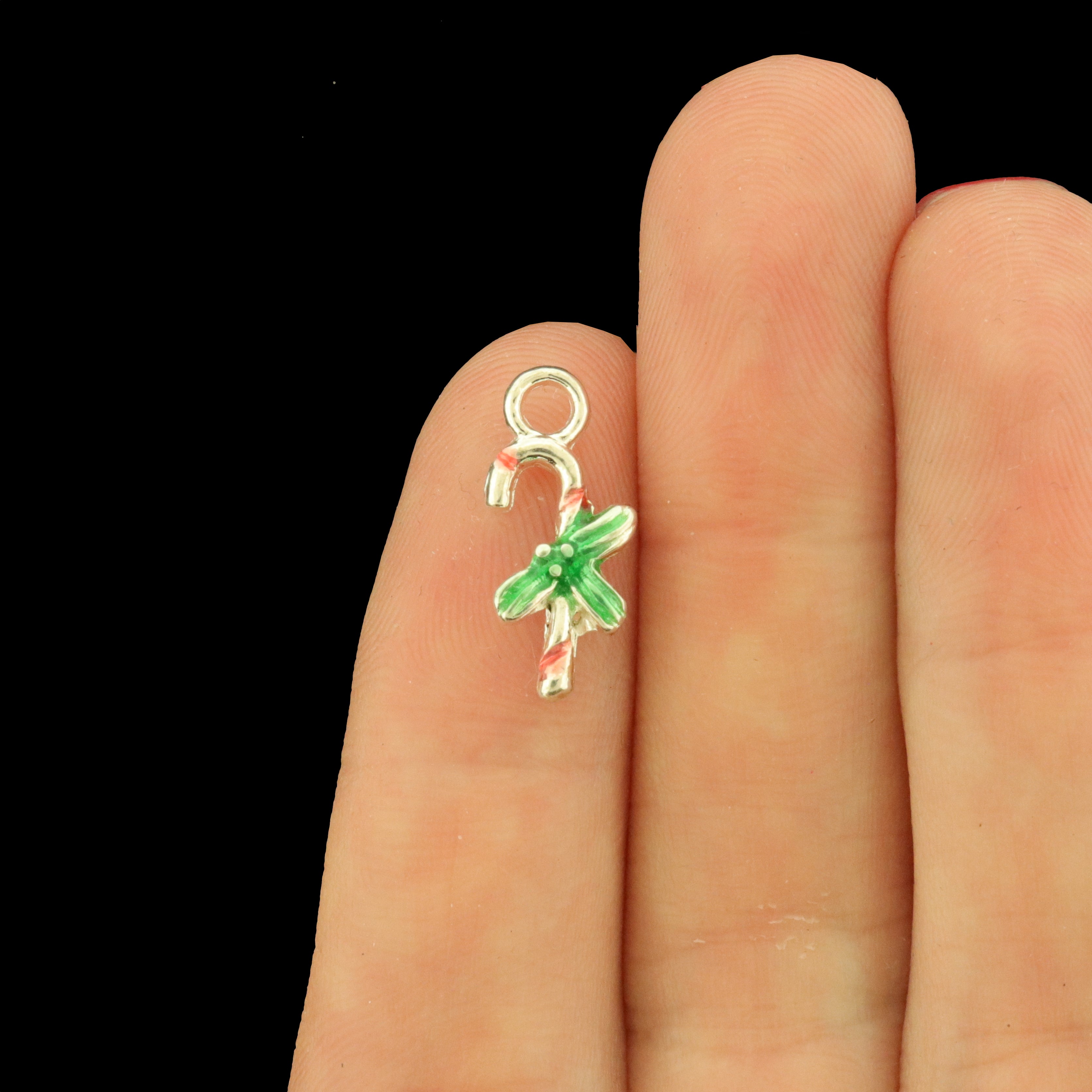 4 Candy Cane Silver Tone Enamel Charms - XC035