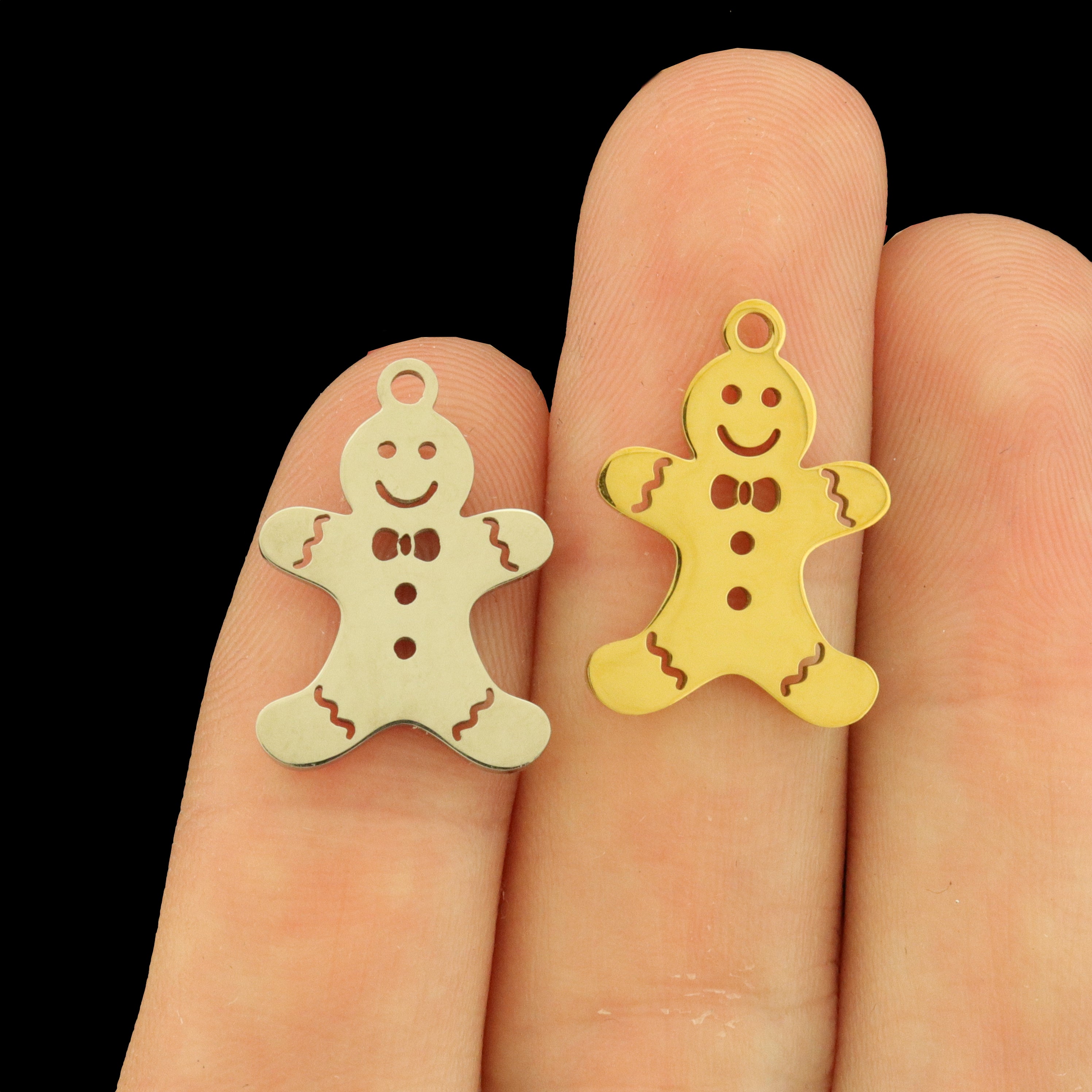 2 Gingerbread Man Stainless Steel Charms 2 Sided - Choose Your Tone!