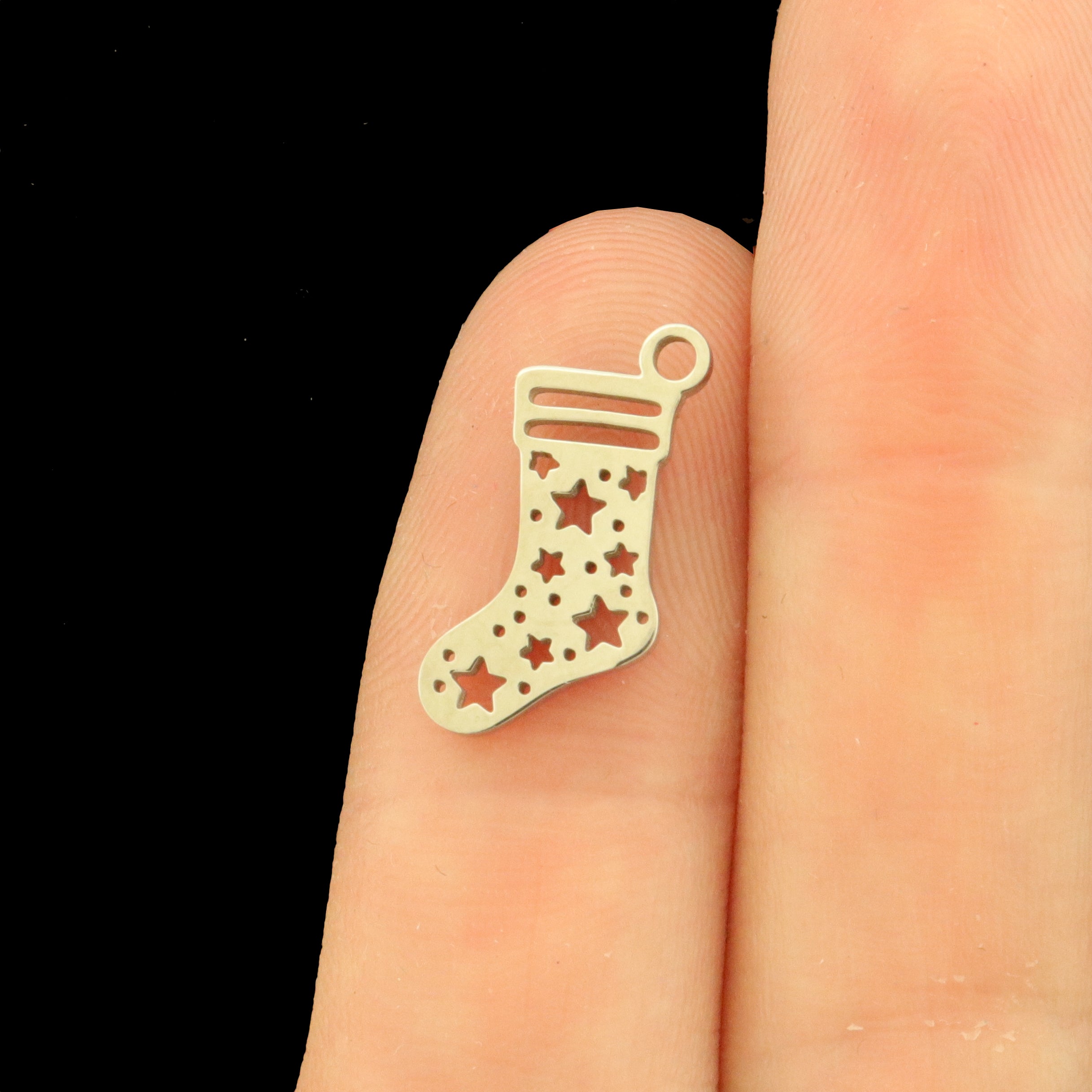 2 Christmas Stocking Stainless Steel Charms 2 Sided - Silver or 18k Gold!