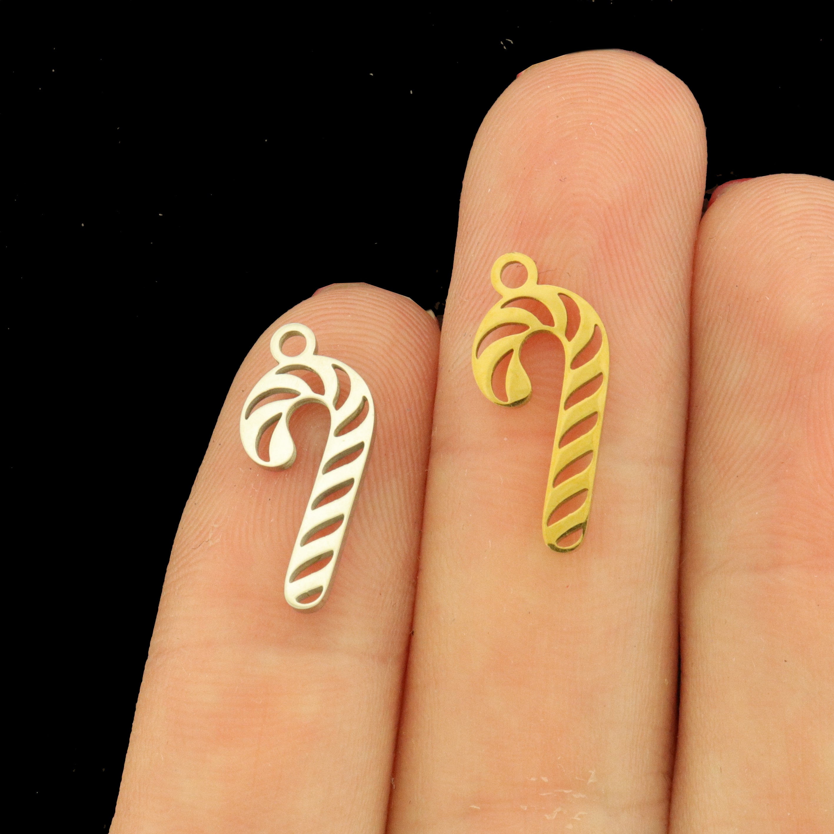 2 Candy Cane Stainless Steel Charms 2 Sided - Choose Silver or 18k Gold!