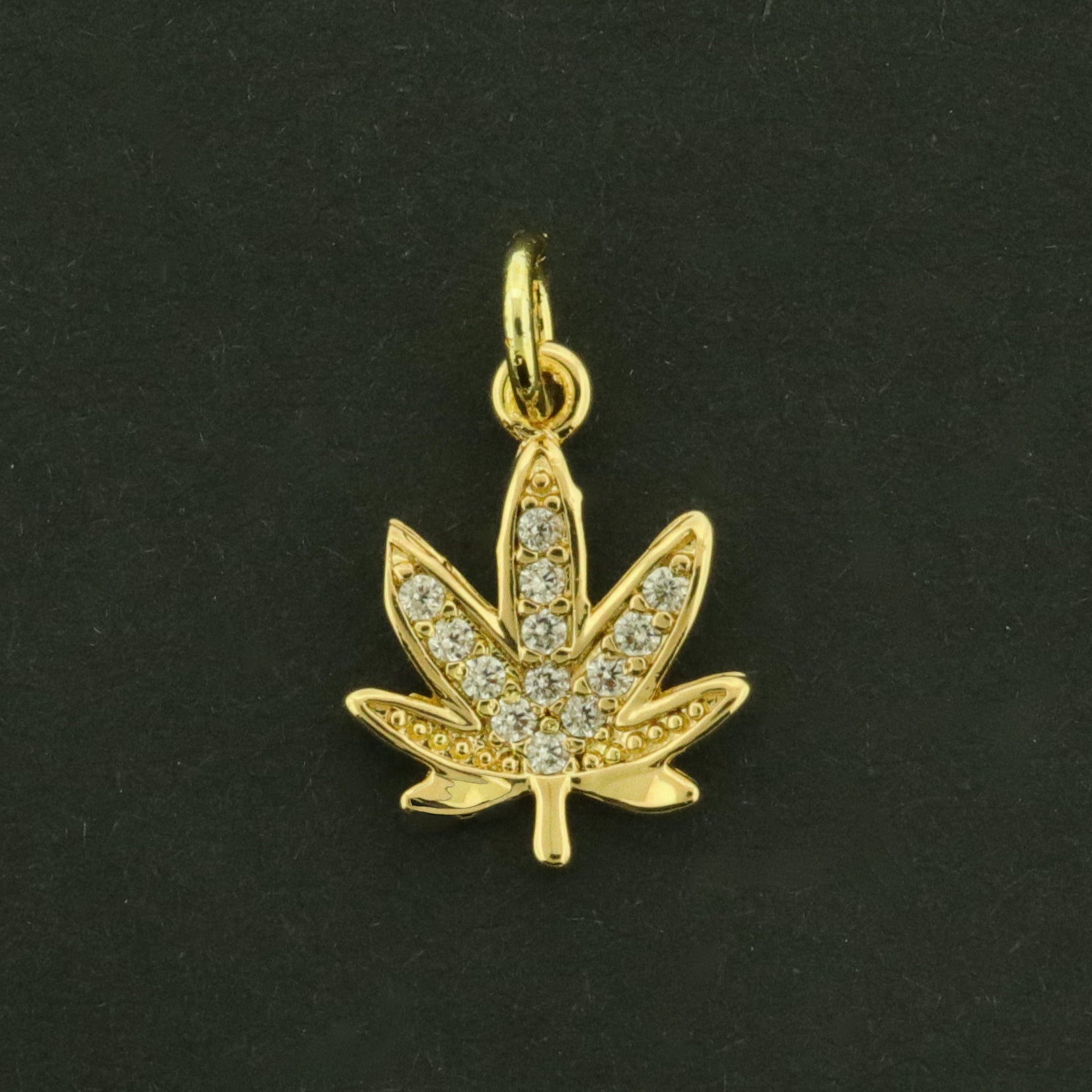 Marijuana 18k Gold Charms - Weed Pendant - 18k Plated Brass with Rhinestones - GLD970