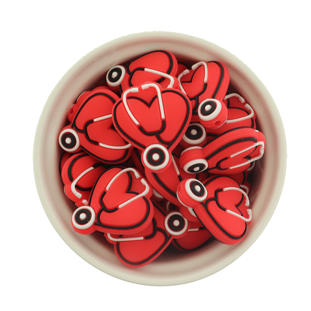 Medical Silicone Focal Beads - Stethoscope Heart - 5 Beads - Choose Your Color
