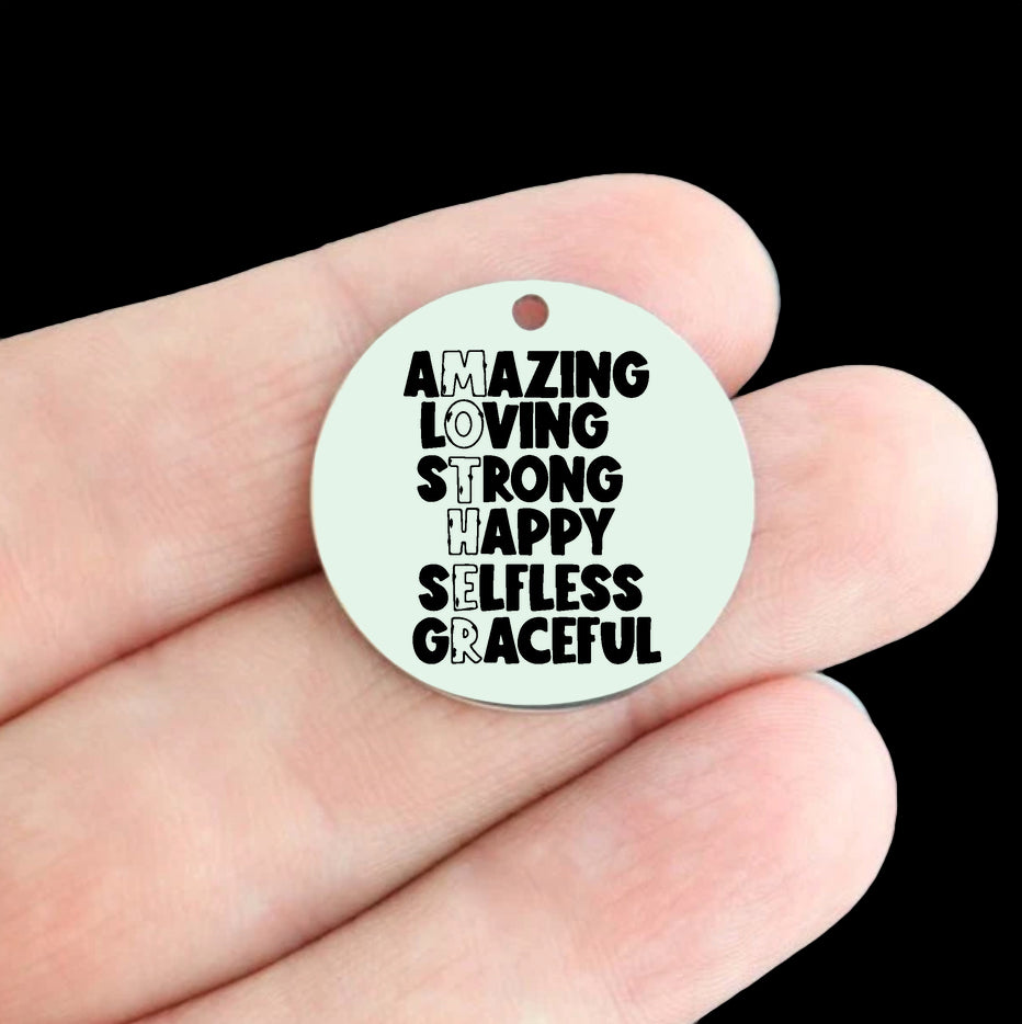 Mom Acronym Stainless Steel 25mm Round Charms - BFS009-8556