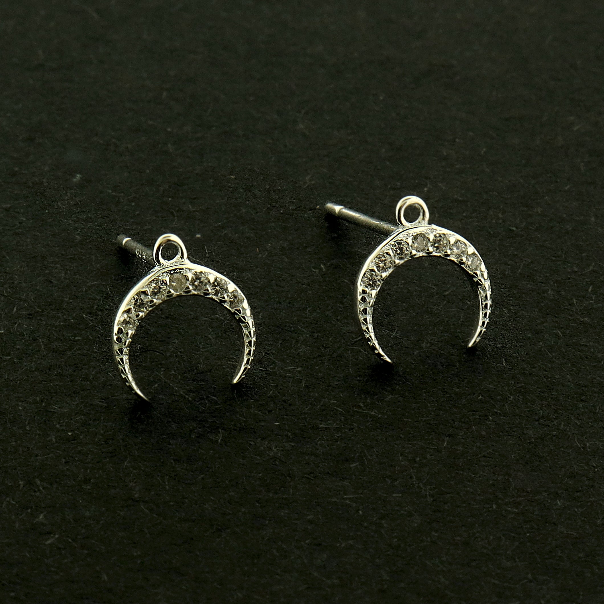 Moon Sterling Silver Earrings - Crescent Moon with Rhinestones - 1 Pair - ST310