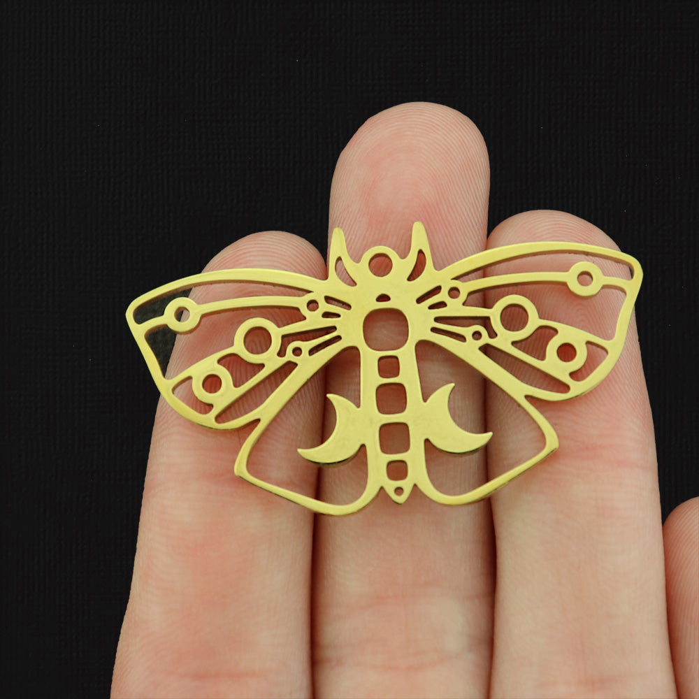 Moth Crescent Moon Stainless Steel Charms 2 Sided - Choose Your Tone