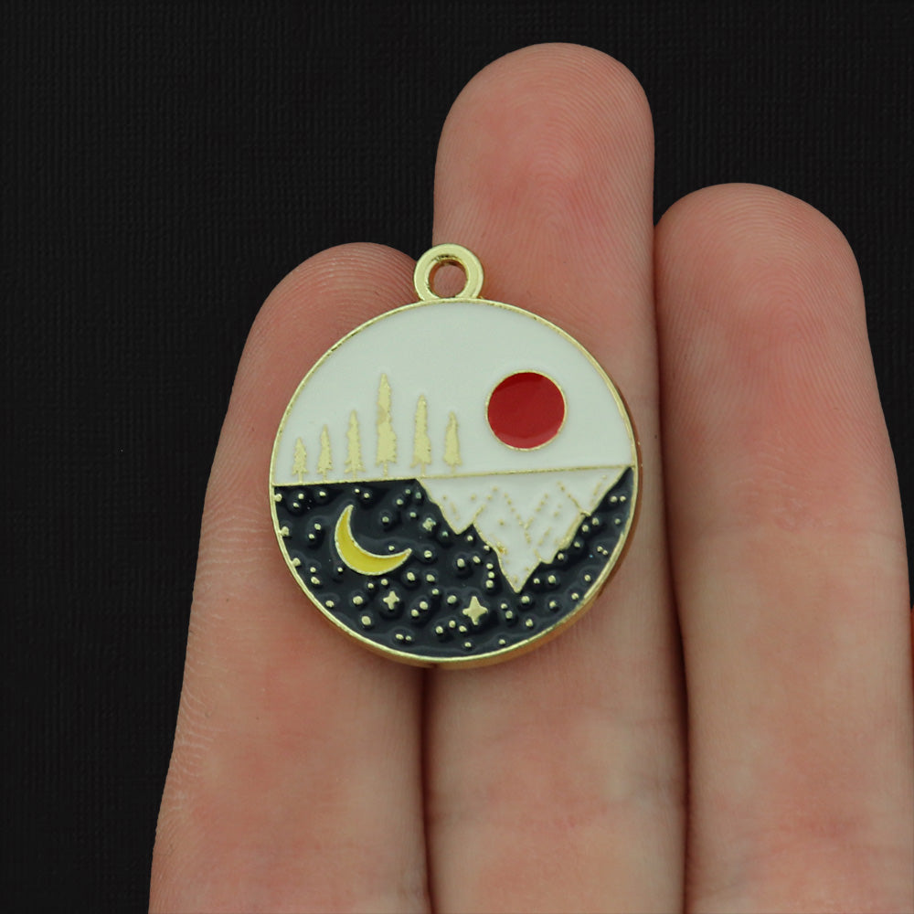 Mountain and Forest Night and Day Gold Tone Enamel Charm - E448