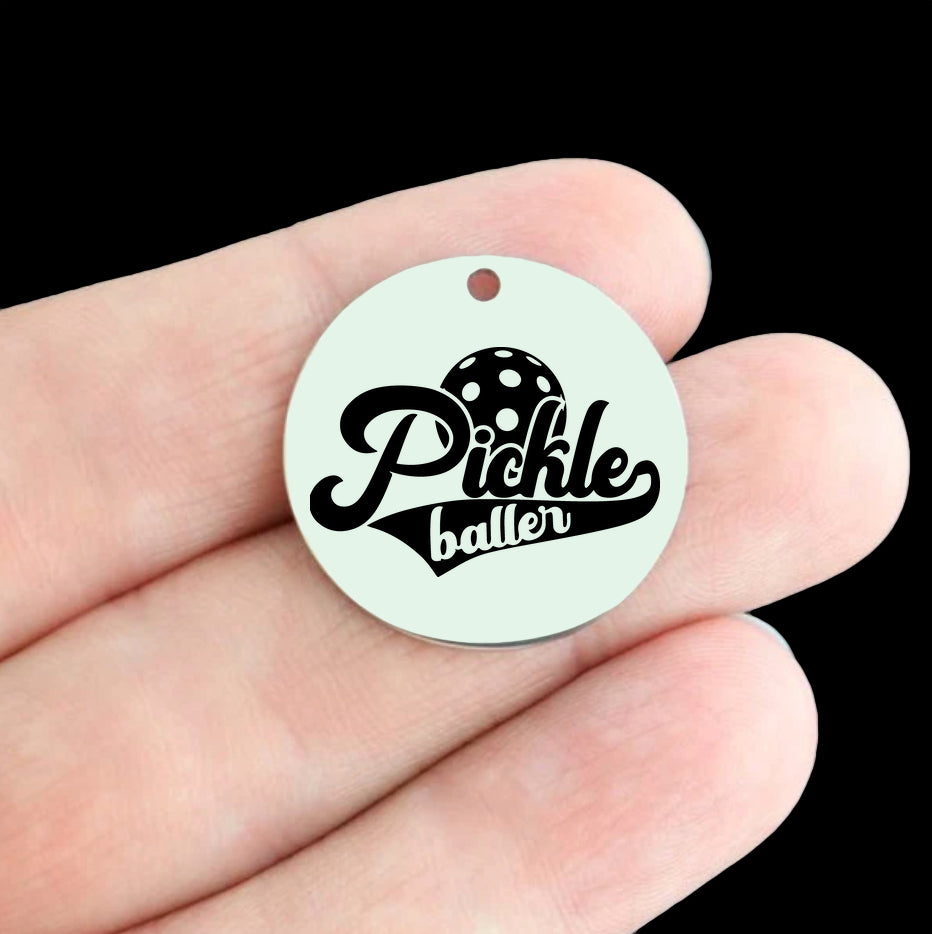 Pickleball Stainless Steel 25mm Round Charms - BFS009-8593