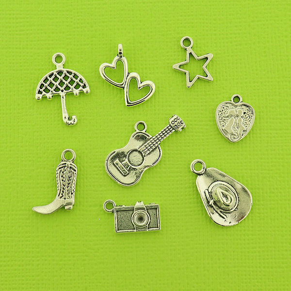 Pop Star Guitar Collection Antique Silver Tone 8 Different Charms - COL463
