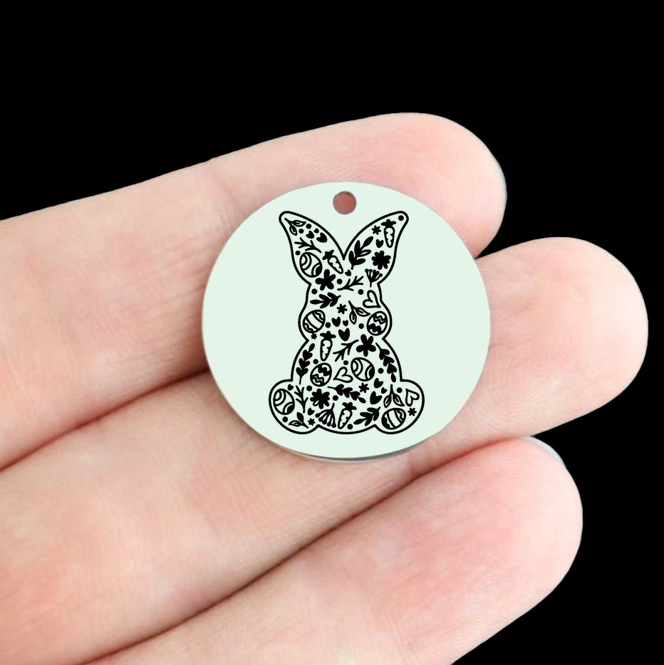 Bunny with Festive Design Stainless Steel 25mm Round Charms - BFS009-8878