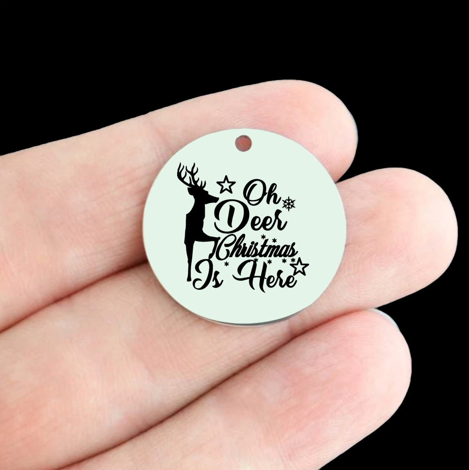 Christmas Stainless Steel 25mm Round Charms - Oh Deer Christmas Is Here