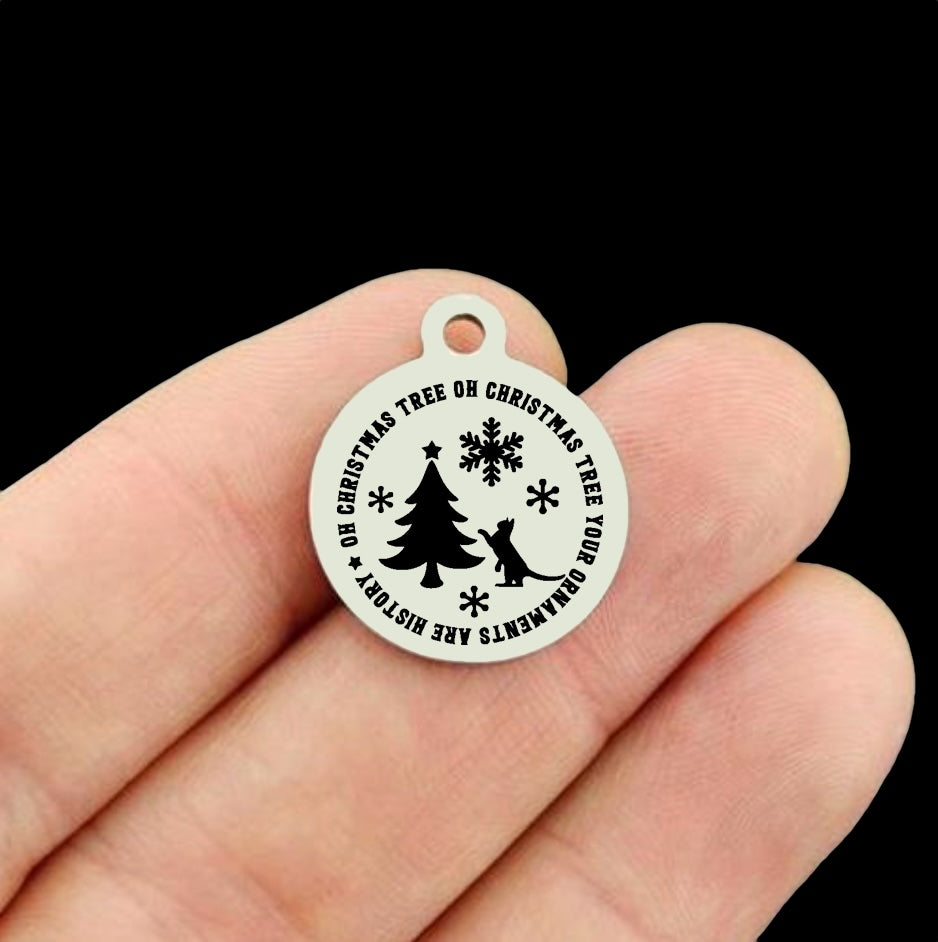 Christmas Stainless Steel Round Charms - Cat Christmas