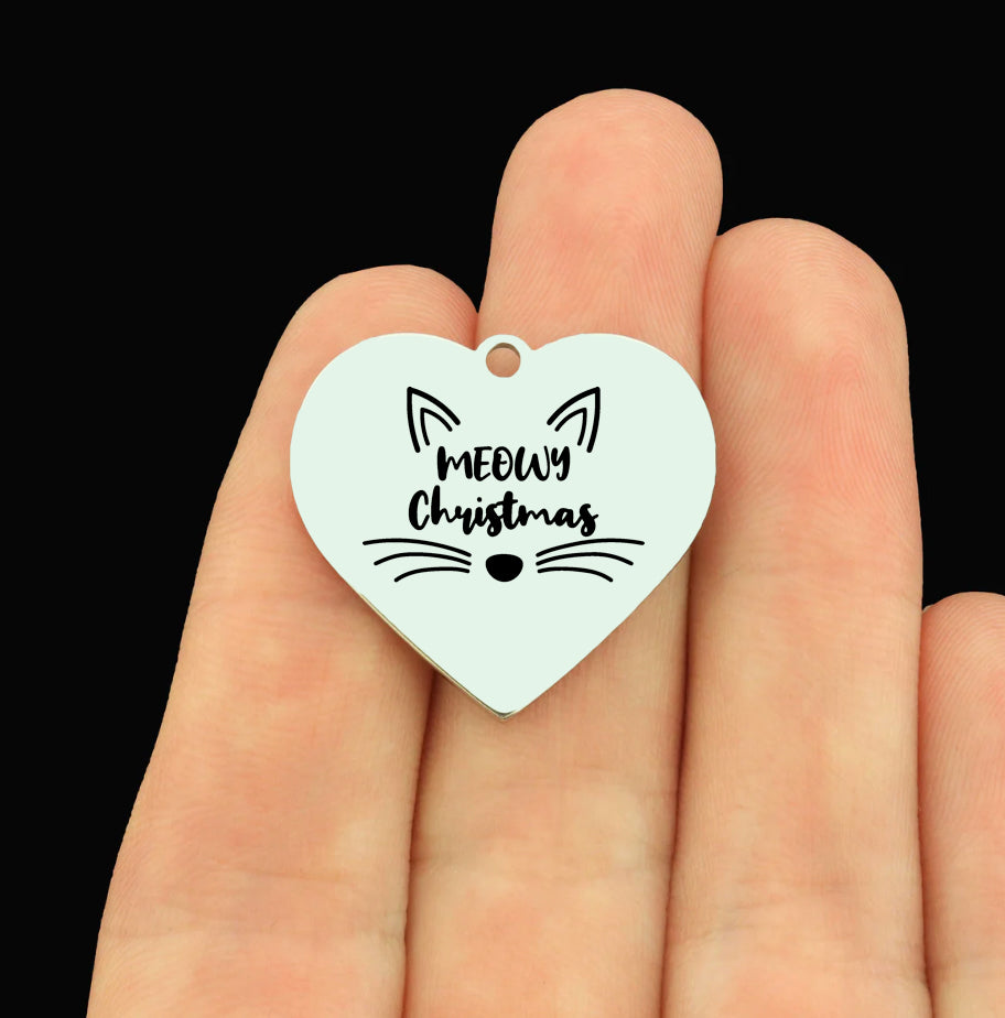 Christmas Stainless Steel Large Heart Charms - Cat Christmas