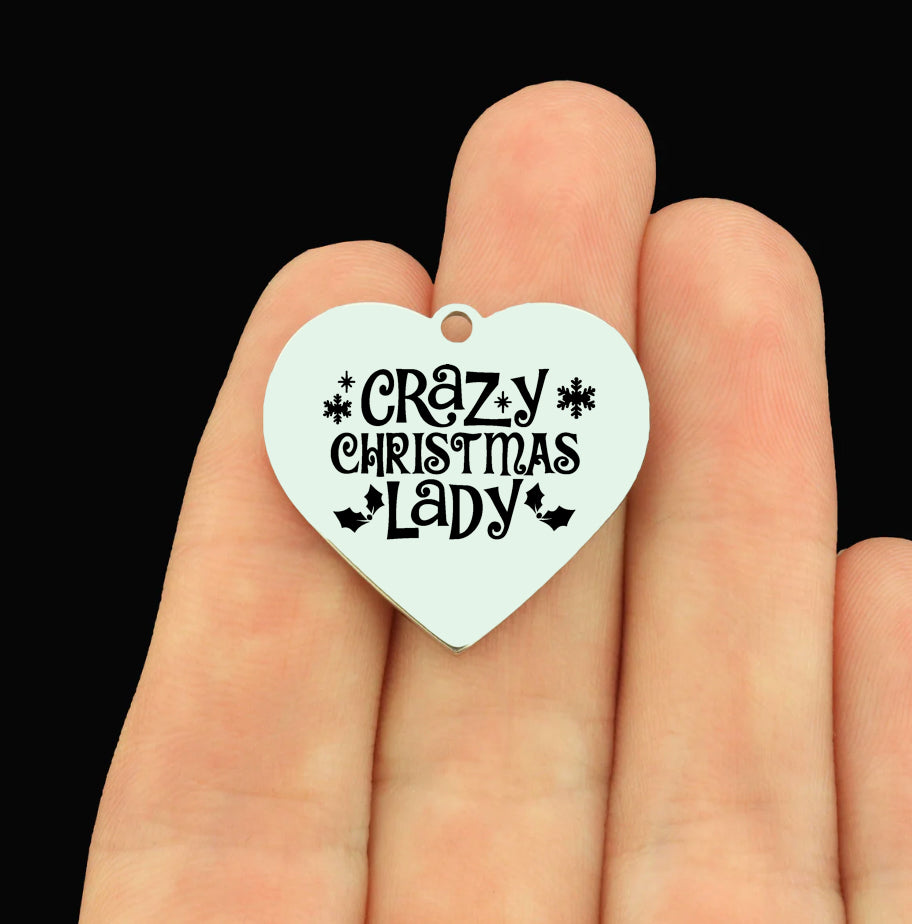 Christmas Stainless Steel Large Heart Charms - Crazy Christmas Lady