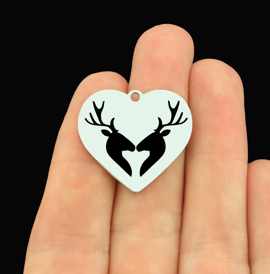 Christmas Stainless Steel Large Heart Charms - Reindeer