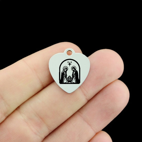 Christmas Stainless Steel Heart Charms - Nativity Christmas