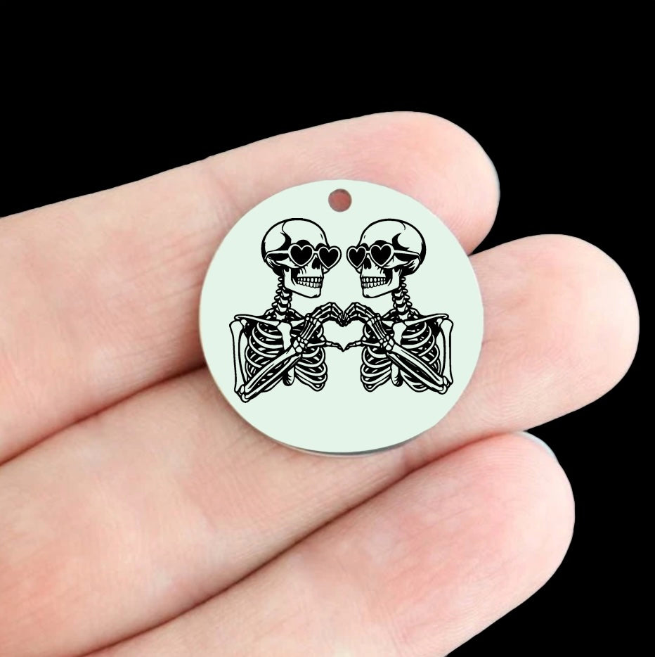 Halloween Stainless Steel 25mm Round Charms - Skeleton Love