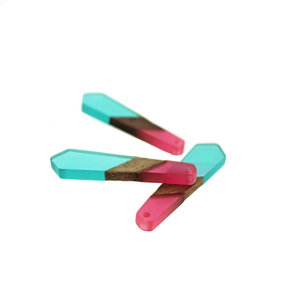 Rectangular Tie Natural Wood and Pink and Blue Resin Charm 49mm - WP027