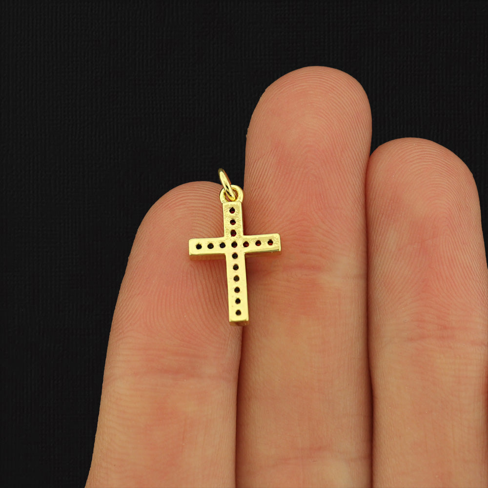 Rhinestone Cross Gold Tone Brass Charm - BR049